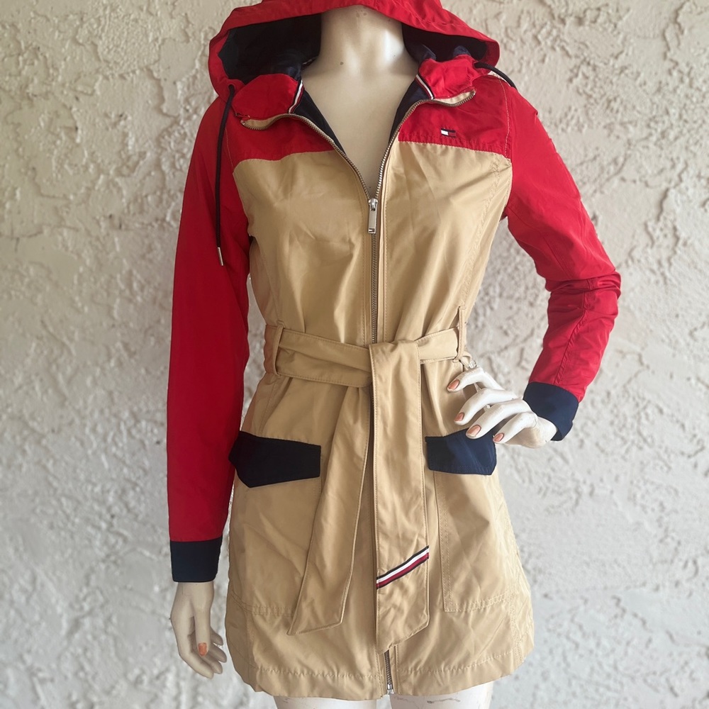 TOMMY HILFIGER Jacket Hooded Zip Front Raincoat Colorblock Logo Size XS